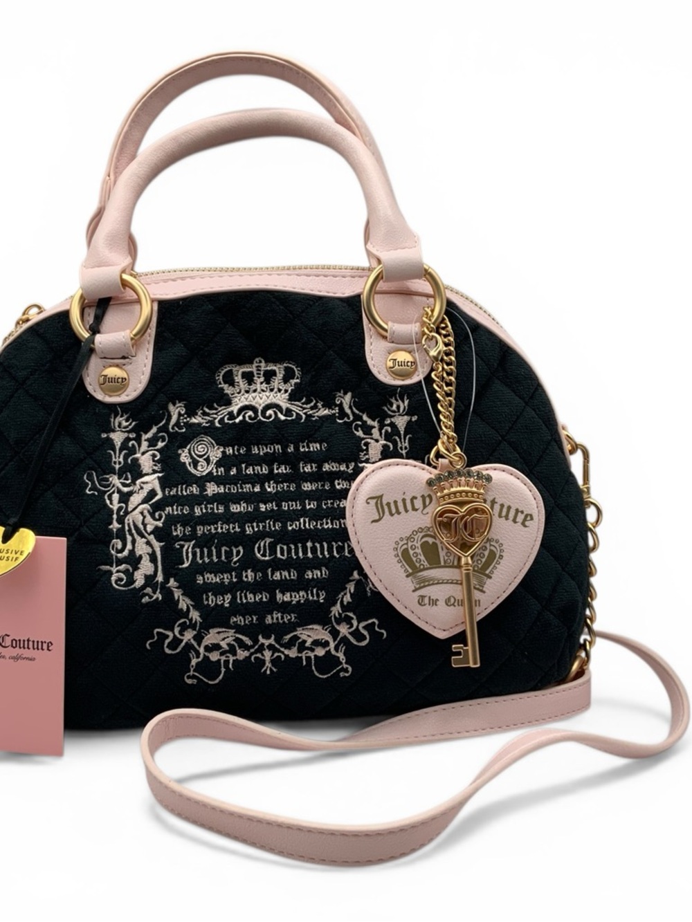 Juicy Couture Black & Pale Pink Quilted Satchel with Heart Charm